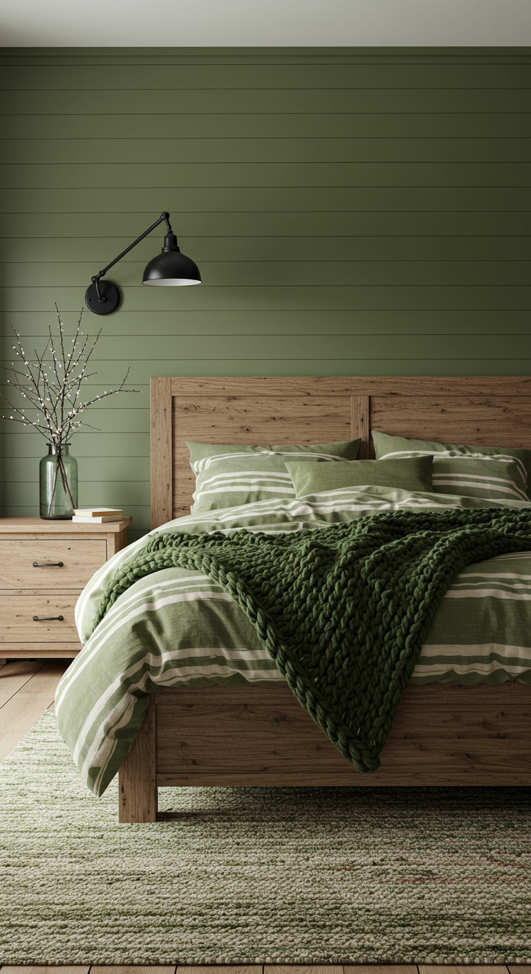 Olijfgroene slaapkamer met houten accentmuur, gestreept beddengoed en gebreid deken.