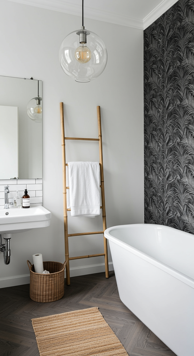 Badkamer met botanisch behang, bamboe ladder voor handdoeken en witte wastafel.