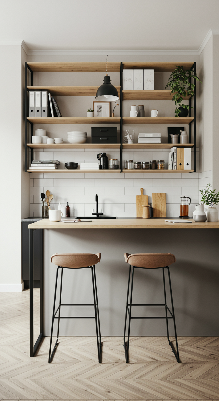 Licht houten bar met open stellingkasten en industriële krukken, ingericht als werkplek.