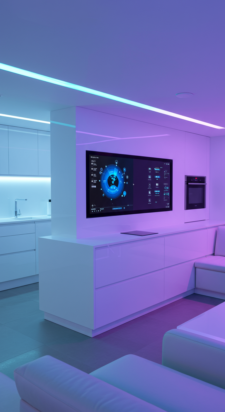 Futuristische witte keuken met een groot smart home scherm en paarsblauwe LED-verlichting.