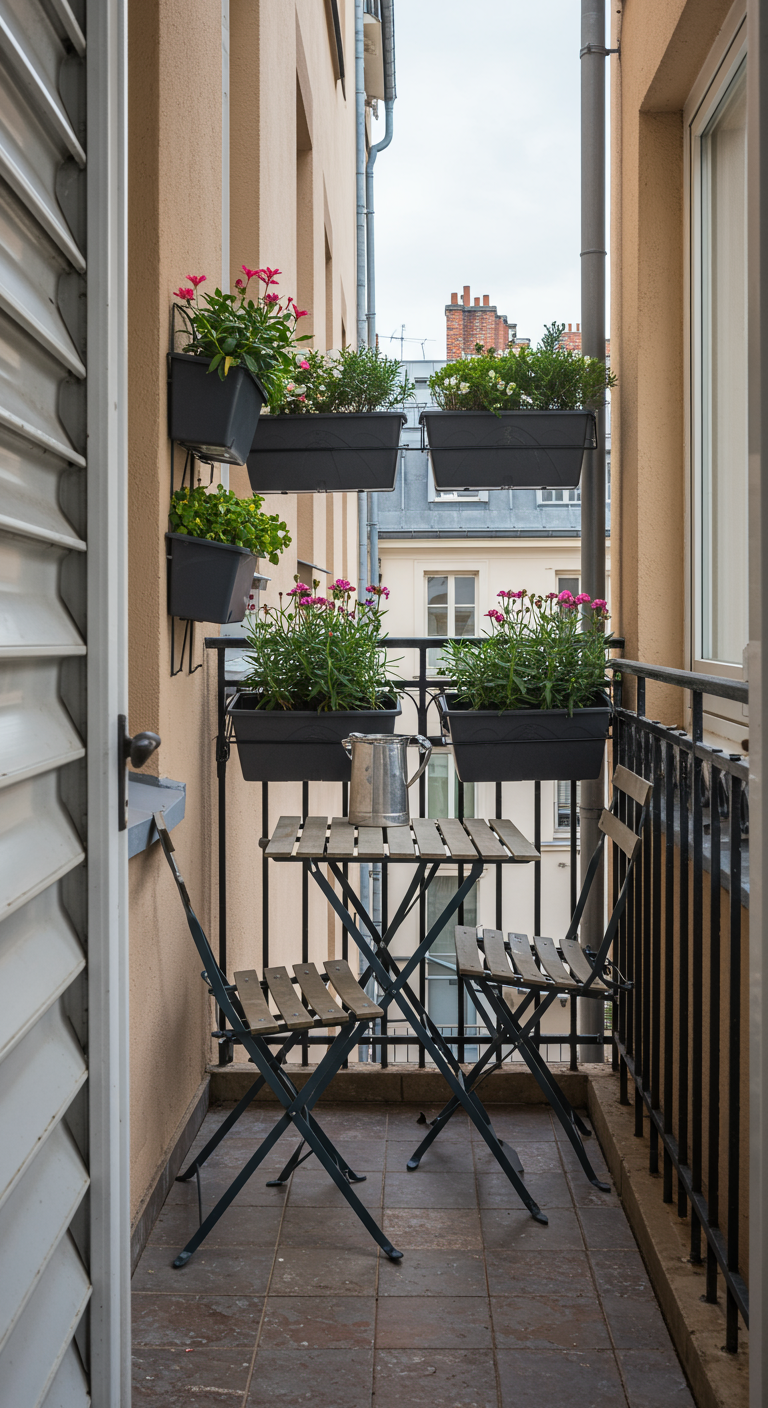 Smal balkon met bistroset en verticale plantenbakken aan de muur met bloemen.
