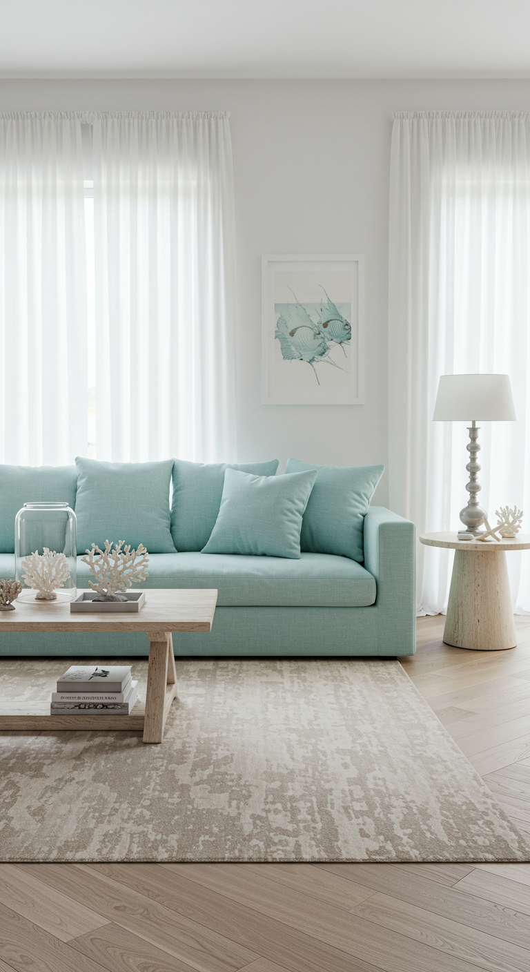 Kuststijl woonkamer met aquakleurige bank, lichte houten meubels en witte gordijnen.