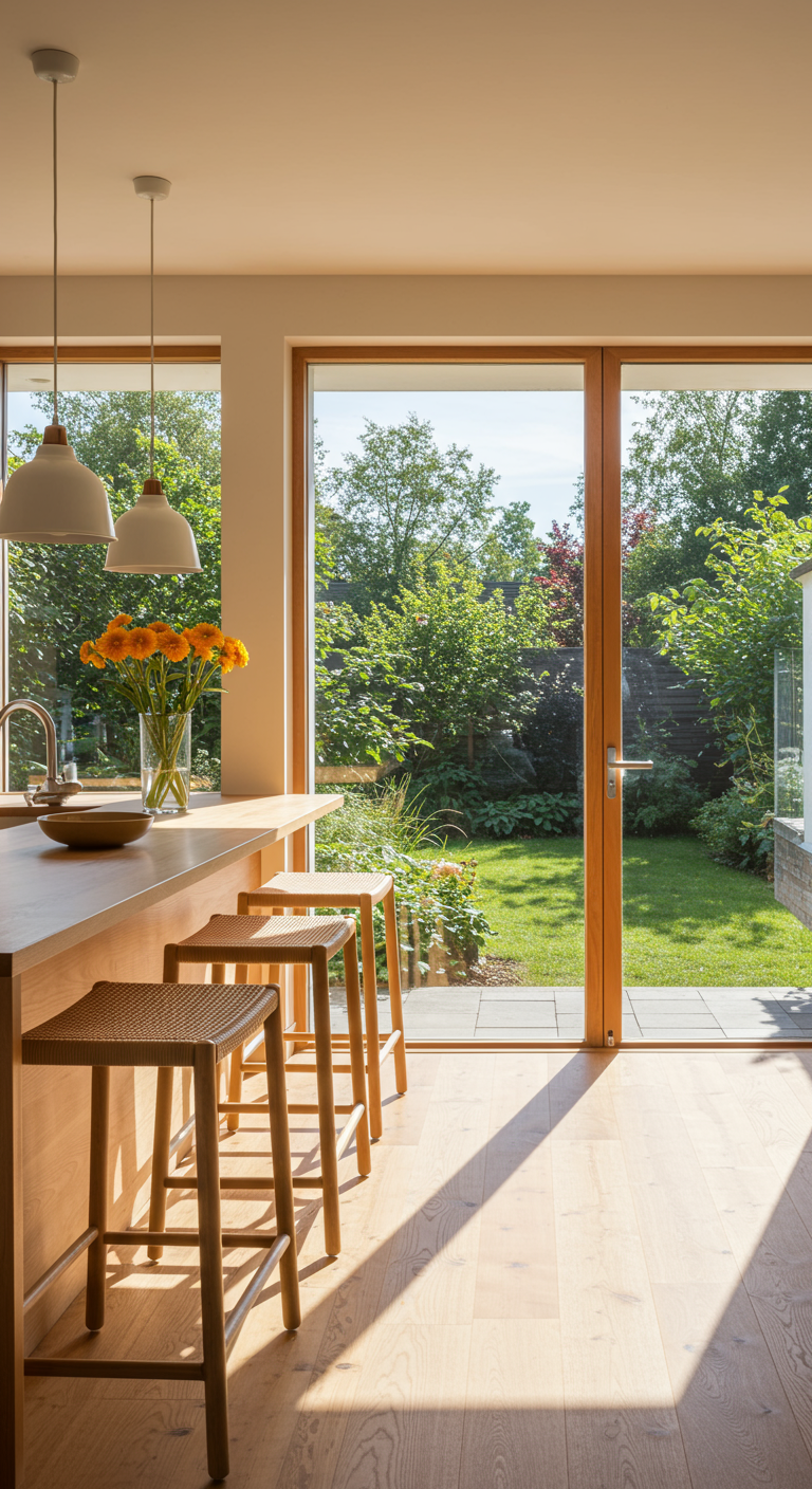 Lichte keukenbar met houten barkrukken met geweven zitting, uitkijkend op een zonnige tuin.