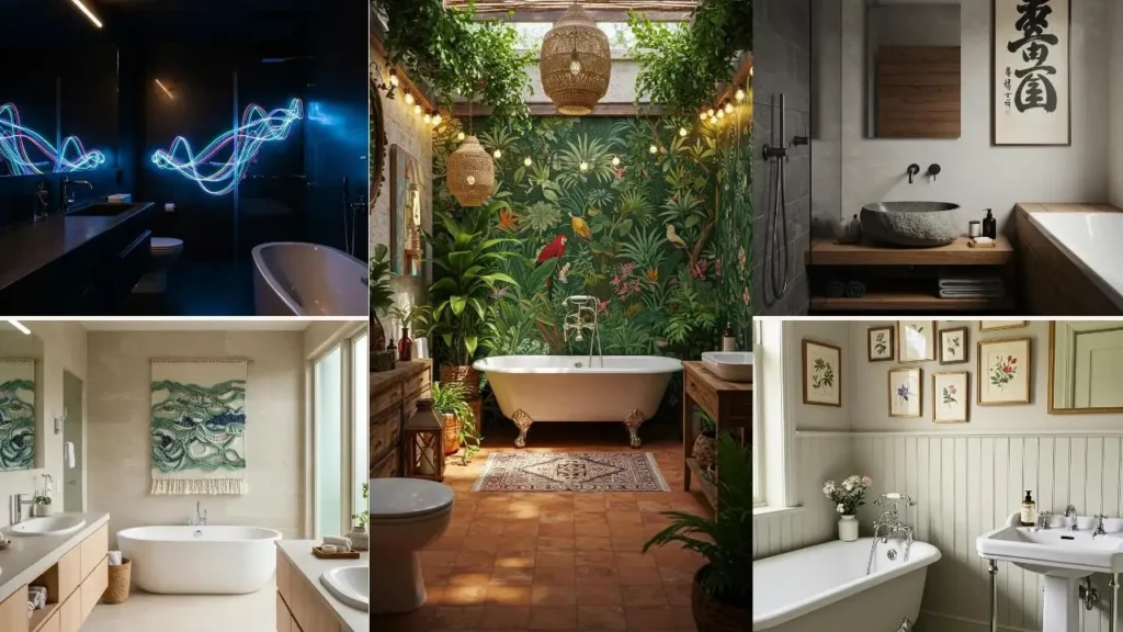 Vijf badkamers met unieke kunst: neonlicht, jungle behang, botanische prints, en een geweven wandkleed.