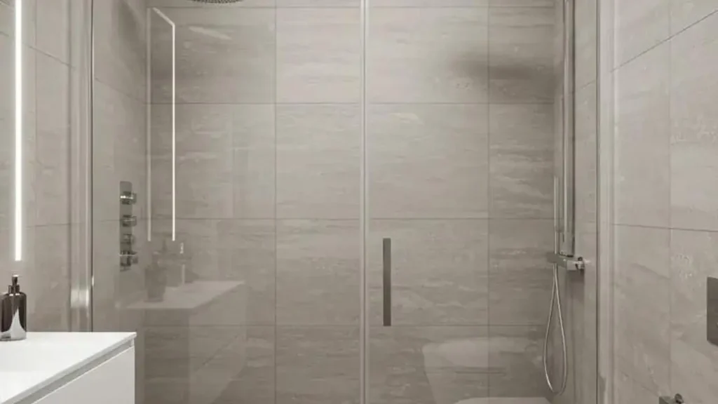 Moderne badkamer met een subtiele, bijna onzichtbare douchecabine van glas.