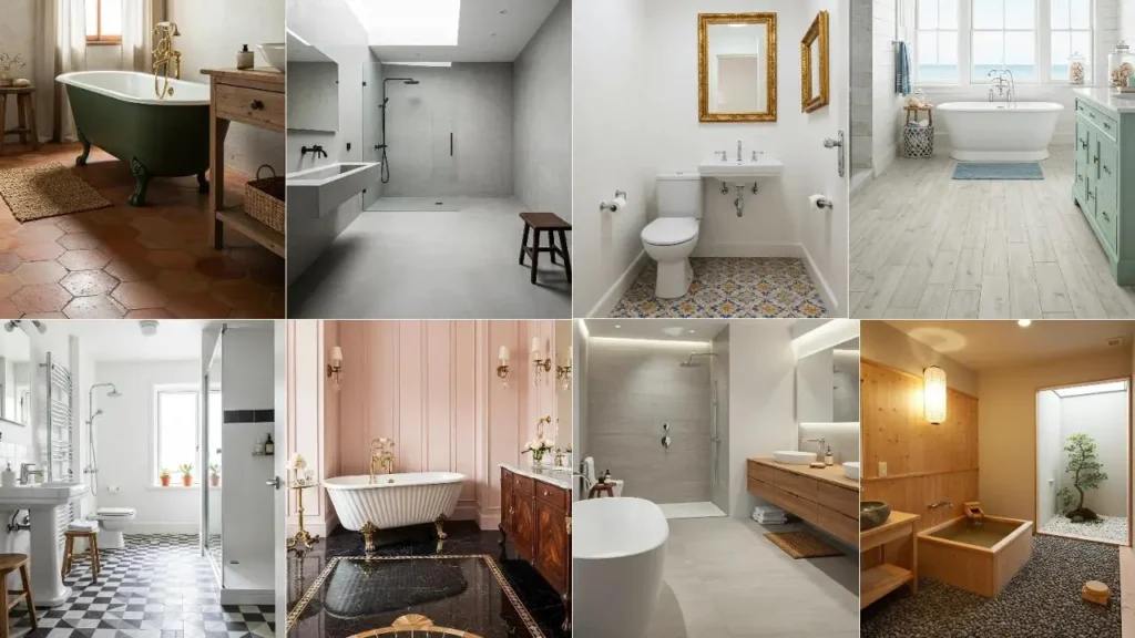 Collage van 8 badkamers met opvallende vloeren, van tegels tot hout en steen.