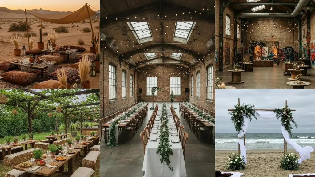 Collage van betaalbare bruiloftsdecoraties: strandceremonie, tafels op hooibalen en een woestijnfeest.