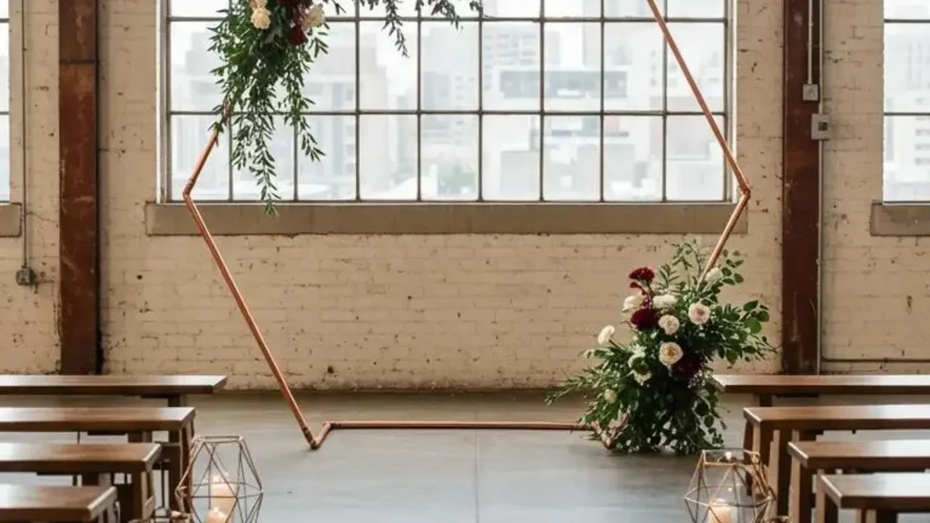 Budgetvriendelijke styling: koperen frame met bloemen en kaarsen tegen bakstenen muur.