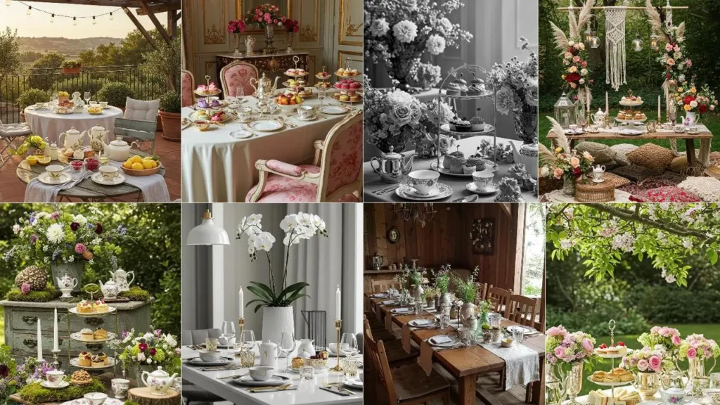 Diverse chique high-tea decor ideeën met bloemen, theeservies en gebak.