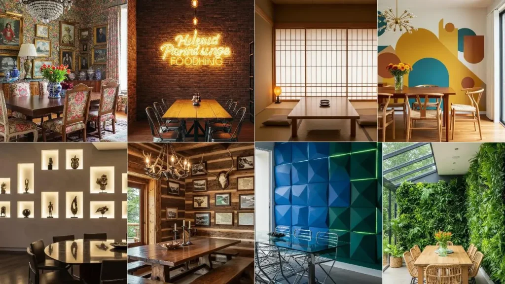 Collage van diverse eethoeken met creatieve wanddecoratie voor inspiratie.