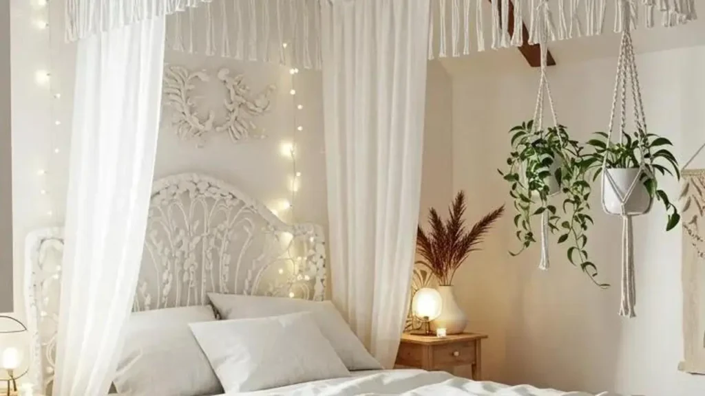 Stijlvolle slaapkamer met creatieve scheidingswand: een elegant hemelbed met plantenhangers.