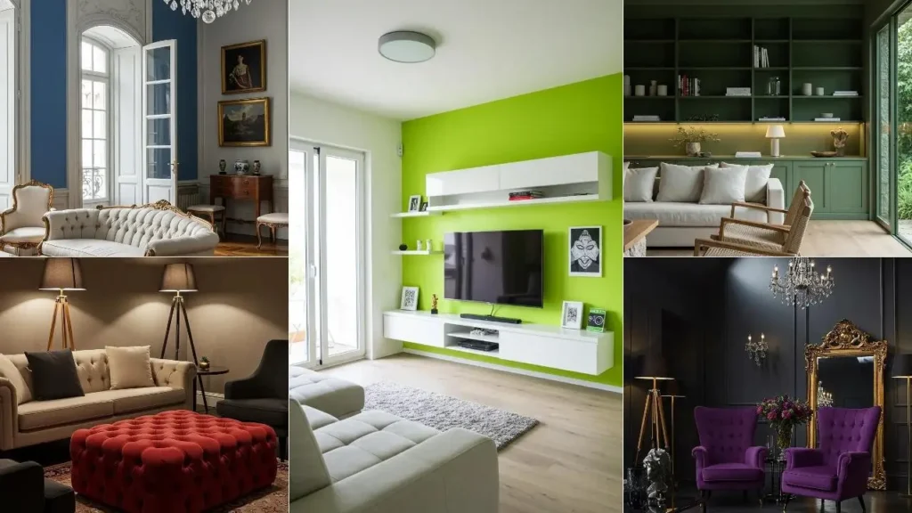 Gedurfde kleurblokken in diverse woonkamers, van kobaltblauw tot tomaatrood en meer.