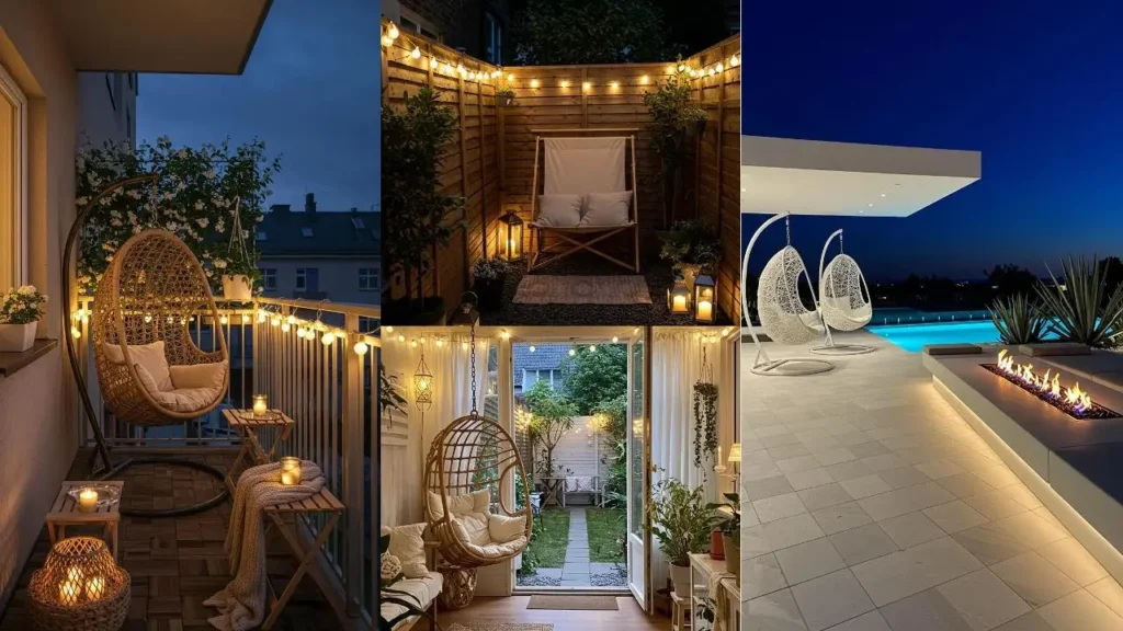 Sfeervolle hangplekken met vuurkorf, lichtjes en hangstoelen voor lange zomeravonden.