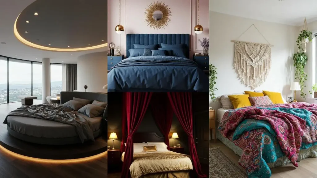 Collage van 4 slaapkamers met unieke bedden als decoratief middelpunt.