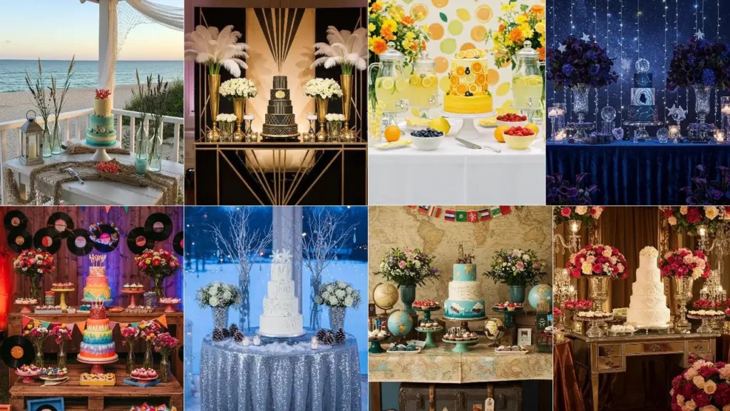 Inspiratie voor taarttafels: een collage van thematische styling ideeën met taarten, bloemen en decoratie.