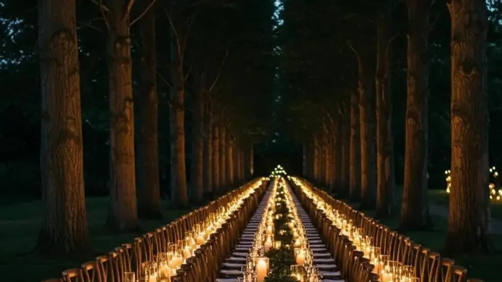 Magische avond: lange gedekte tafel vol kaarsen in een tuin, ideaal voor een laid-back garden wedding.
