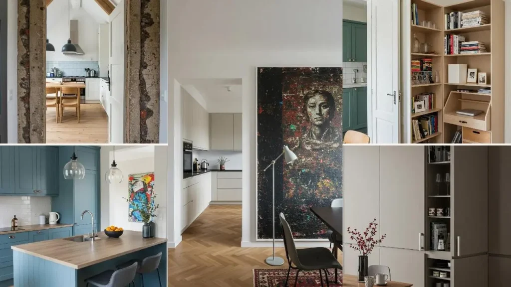 Collage van open keuken designs die versmelten met de woonkamer, diverse stijlen en inrichting.