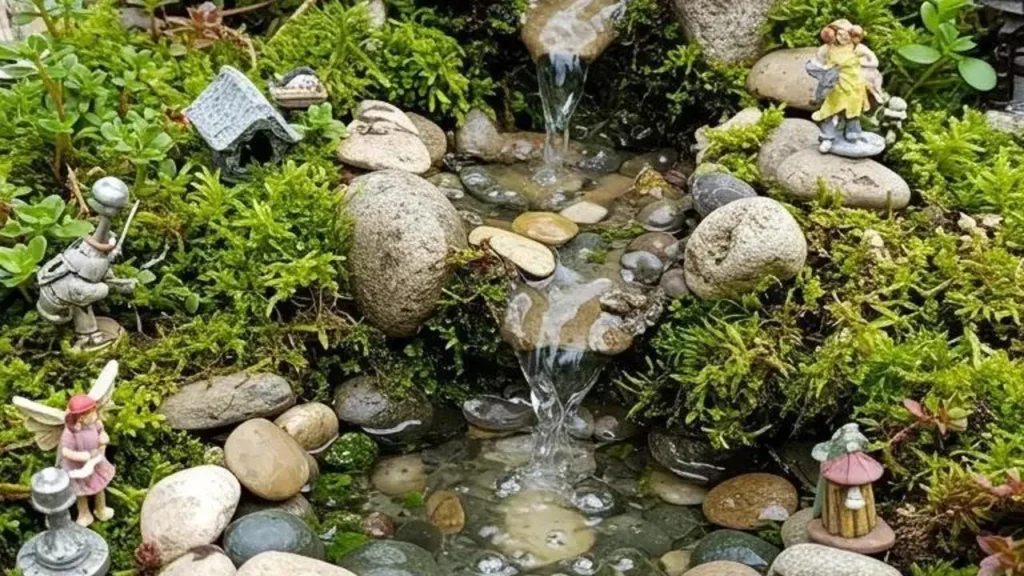 Mini-watervalletje in een tuin met stenen, mos en kleine decoratieve figuurtjes.