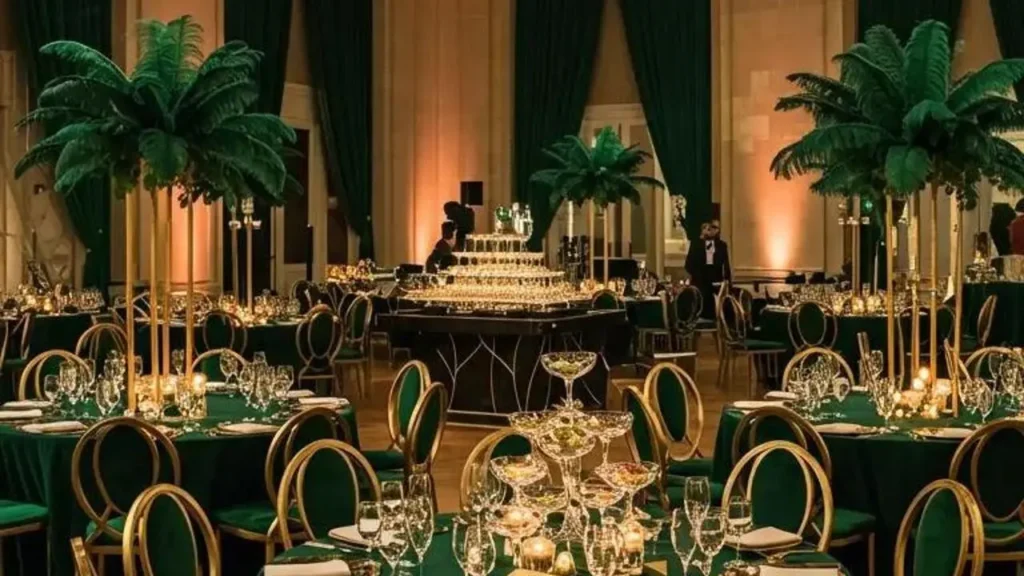 Feestelijk gedekte tafels met fluweel en decoratie van een groot evenement.