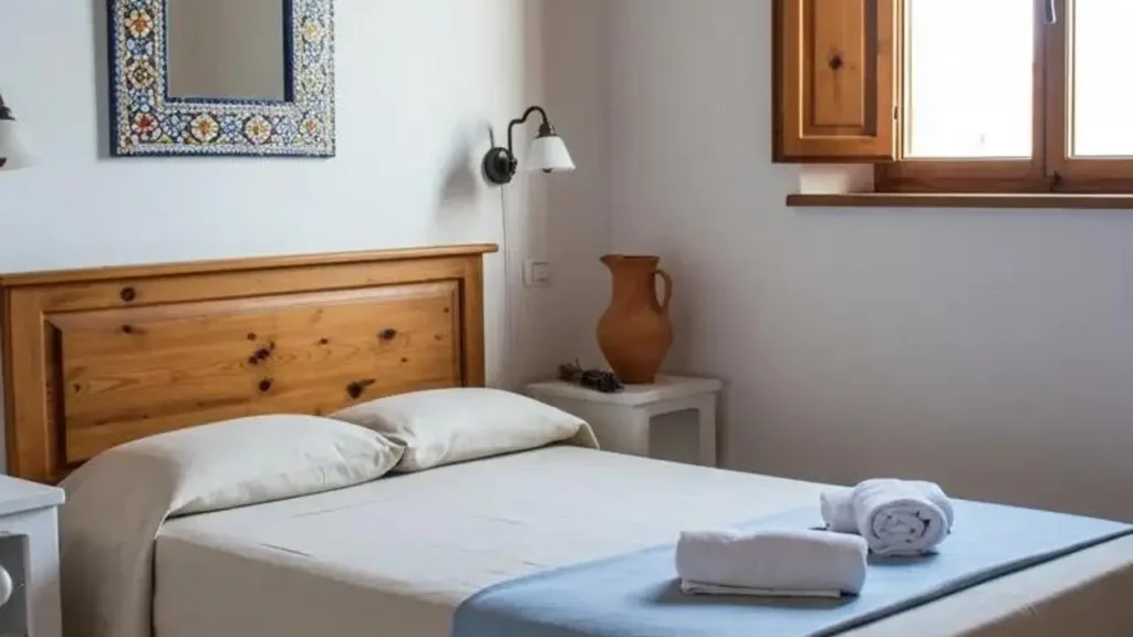 Mediterrane slaapkamer met houten bed, witte muren en terracotta accenten.
