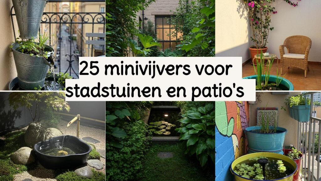 Collage van minivijvers in stadstuinen en patio's met vijverplanten en waterornamenten.