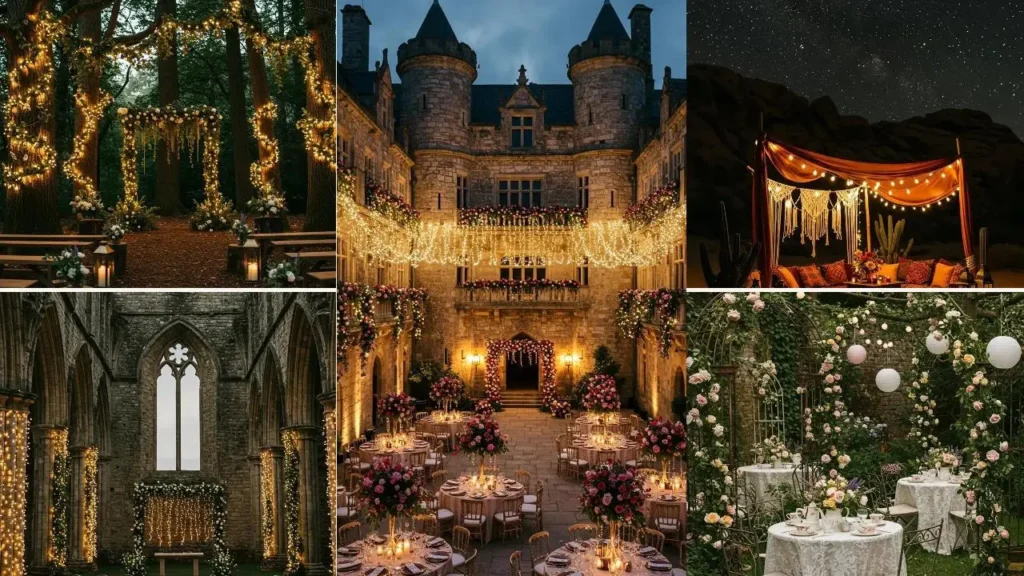 Collage van romantische locaties versierd met sfeervolle slingers met lichtjes.