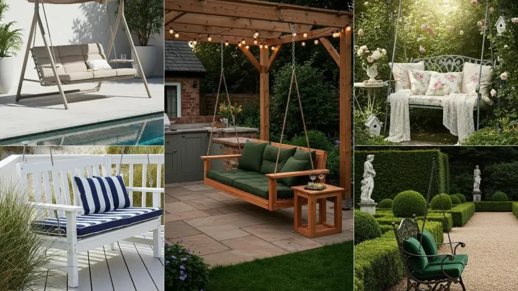 Een collage van stijlvolle tuinbanken met schommelmechanisme, die functionaliteit en elegantie in de tuin combineren.