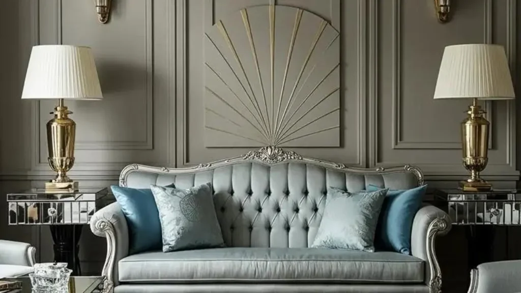 Elegante zithoek in het midden van de kamer met blauwe kussens, lampen en grijs decor.