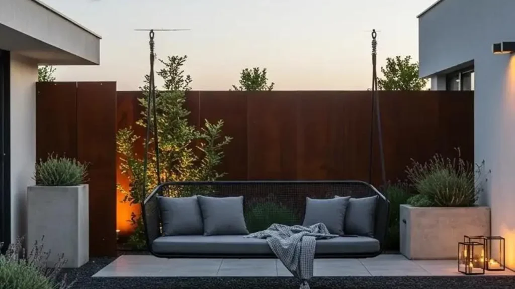 Zwevende schommelbank boven grindpad, met lavendel en sfeervolle verlichting in moderne tuin.