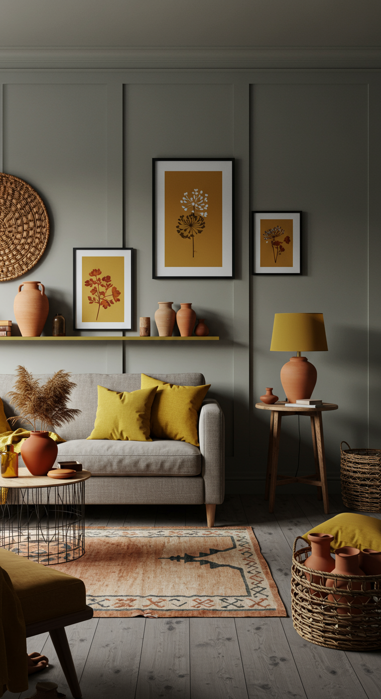 Grijsgroene woonkamer met gele en terracotta accessoires.