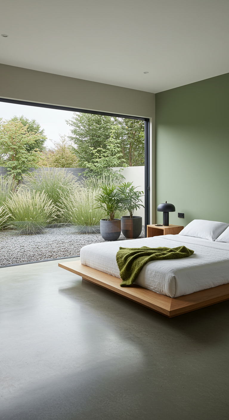 Minimalistische slaapkamer met olijfgroene muur, laag bed en uitzicht op tuin.
