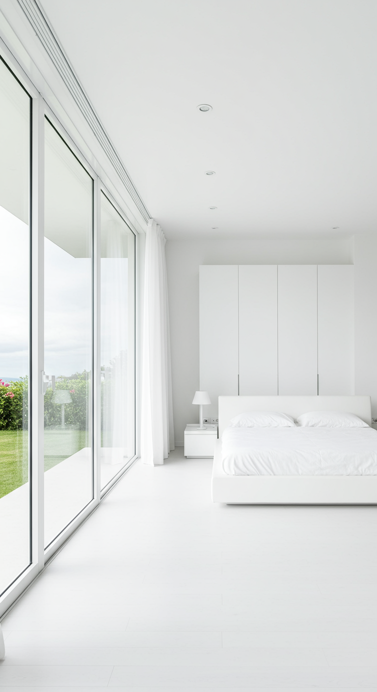 Strakke witte slaapkamer met grote glazen schuifpui naar de tuin.