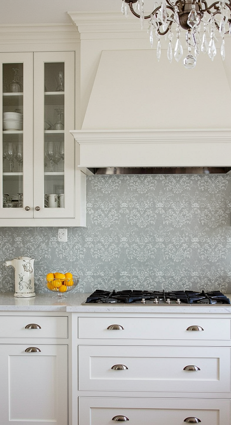 Witte klassieke keuken met een lichtblauw/grijs damast behangpatroon als achterwand.