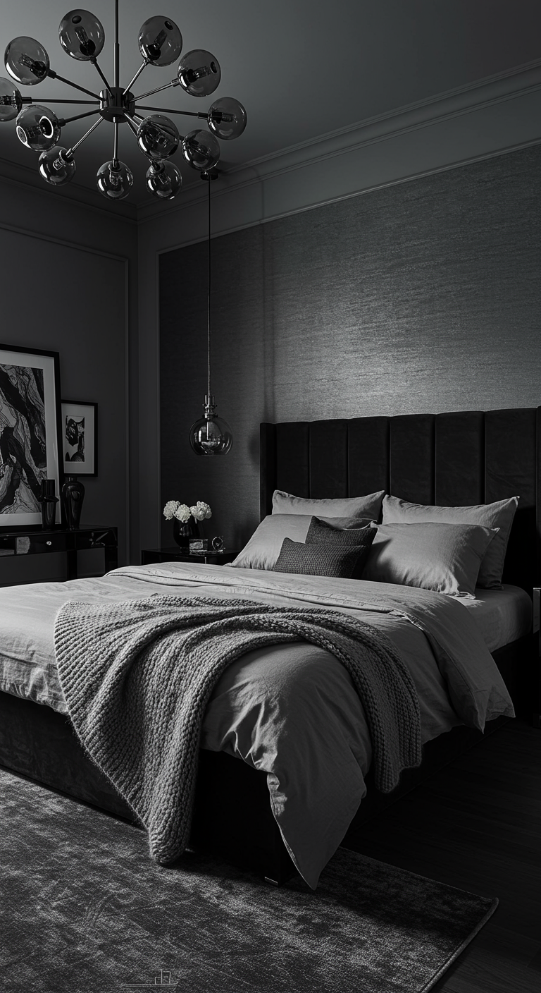 Moderne monochrome grijze slaapkamer met verschillende texturen.