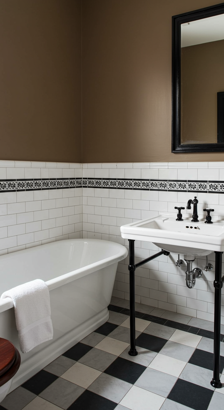 Badkamer met bruine muur, witte metrotegels, zwart-wit geblokte vloer en zwarte accenten.