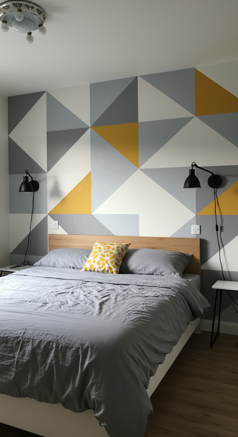 Moderne slaapkamer met grafische muurschildering in geel, grijs en wit.