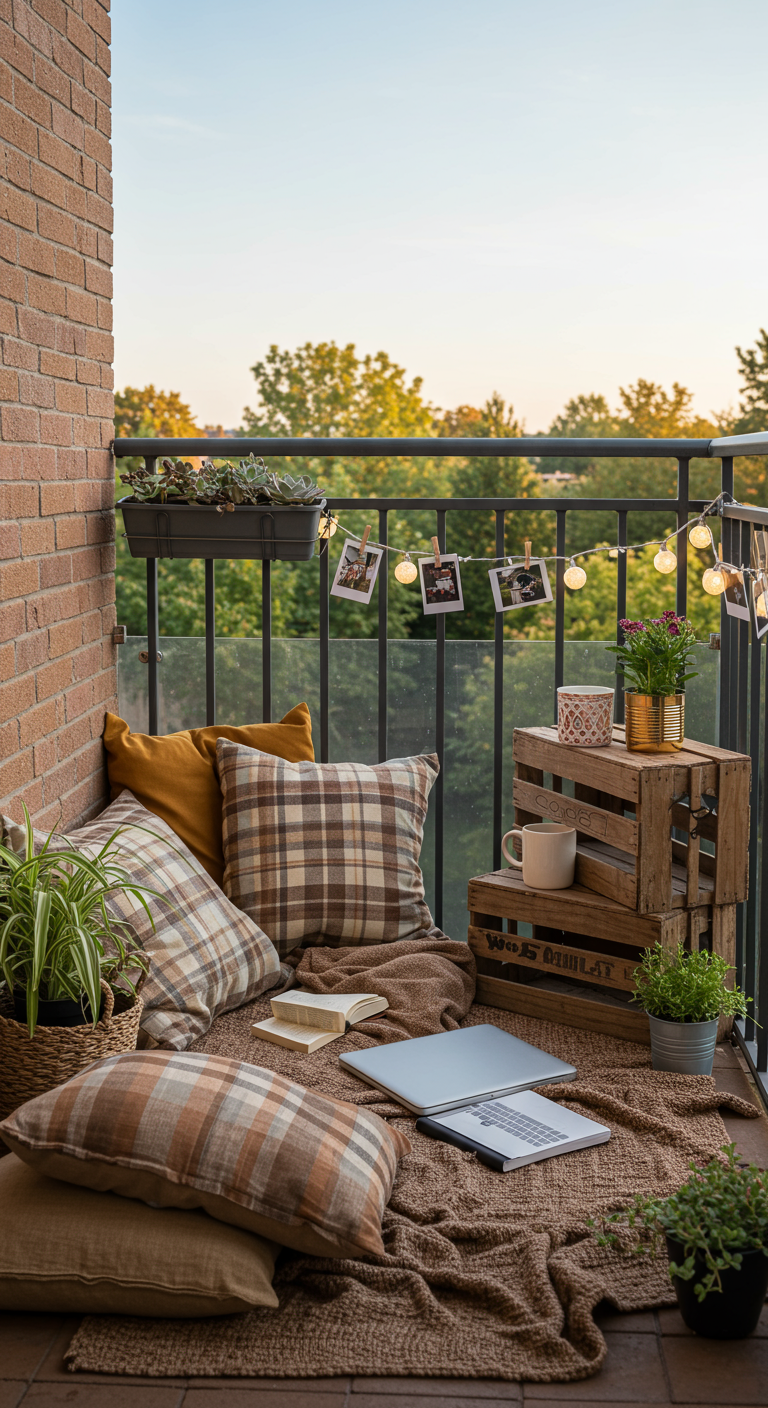Knus balkon met palletbank, ruitjeskussens, kratjes als tafels en lichtslinger met foto's.