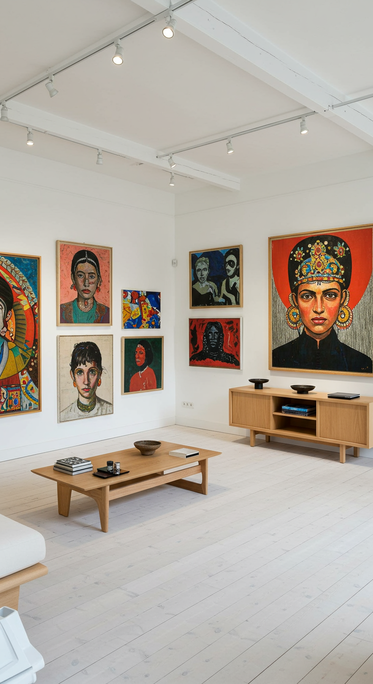 Woonkamer als kunstgalerie met witte vloer, lichte houten meubels en kleurrijke schilderijen.