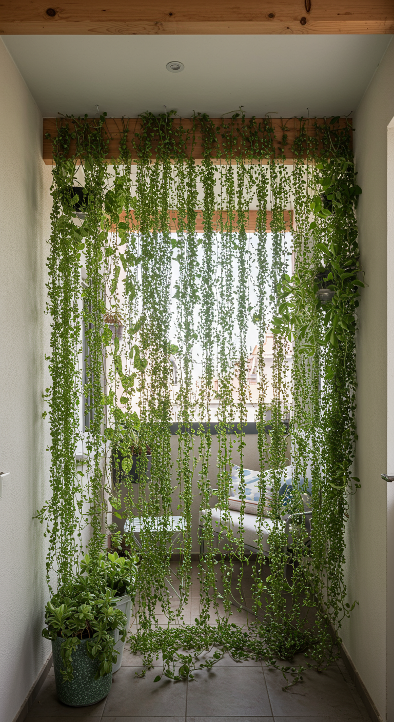 Lange ranken van erwtenplant (Senecio rowleyanus) hangen als een gordijn voor een balkonraam.
