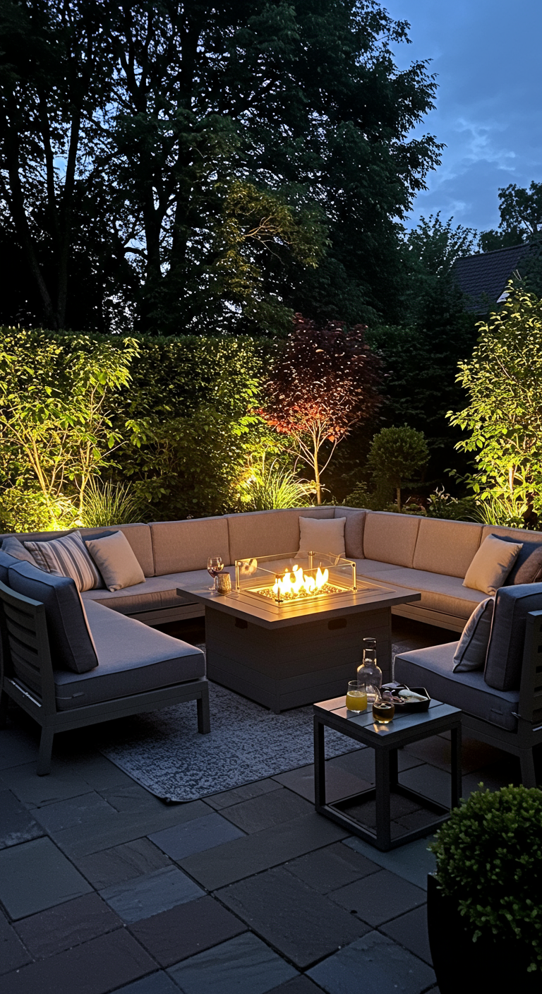 Luxe loungehoek met brede gashaard, comfortabele banken en sfeerverlichting.