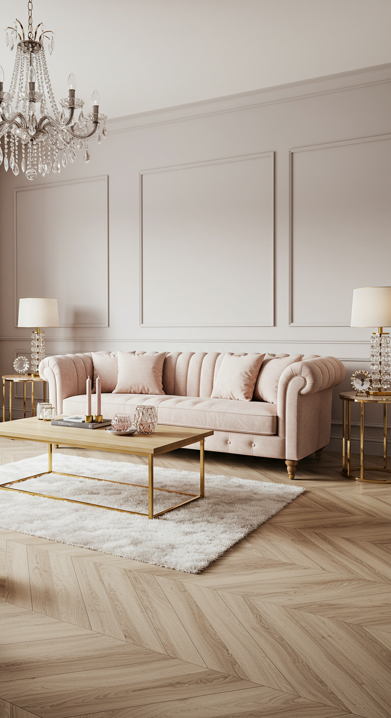 Elegante woonkamer met poederroze bank, gouden accenten en kristallen kroonluchter.
