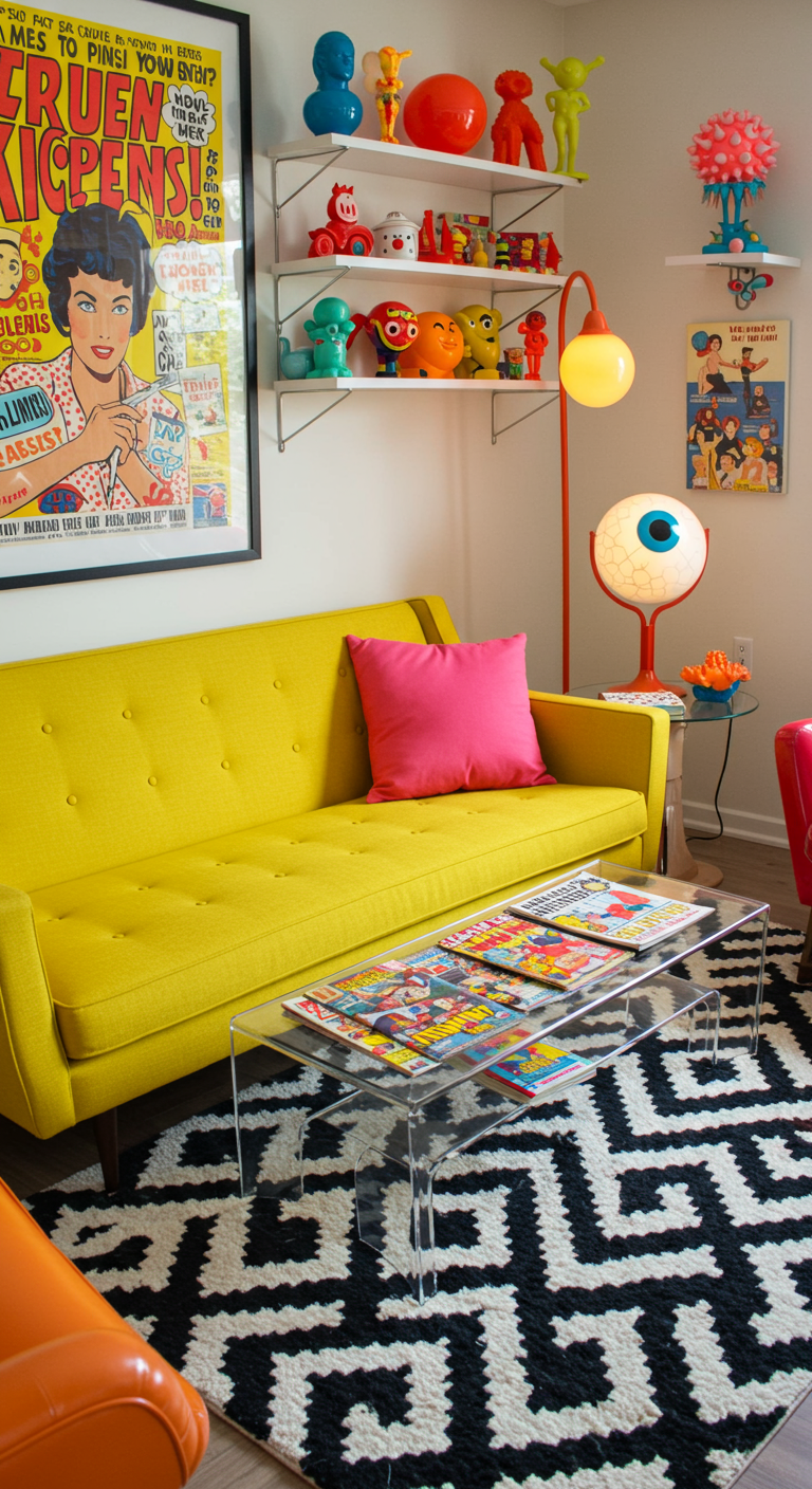 Pop art woonkamer met gele bank, kleurrijke accessoires en grafisch tapijt.