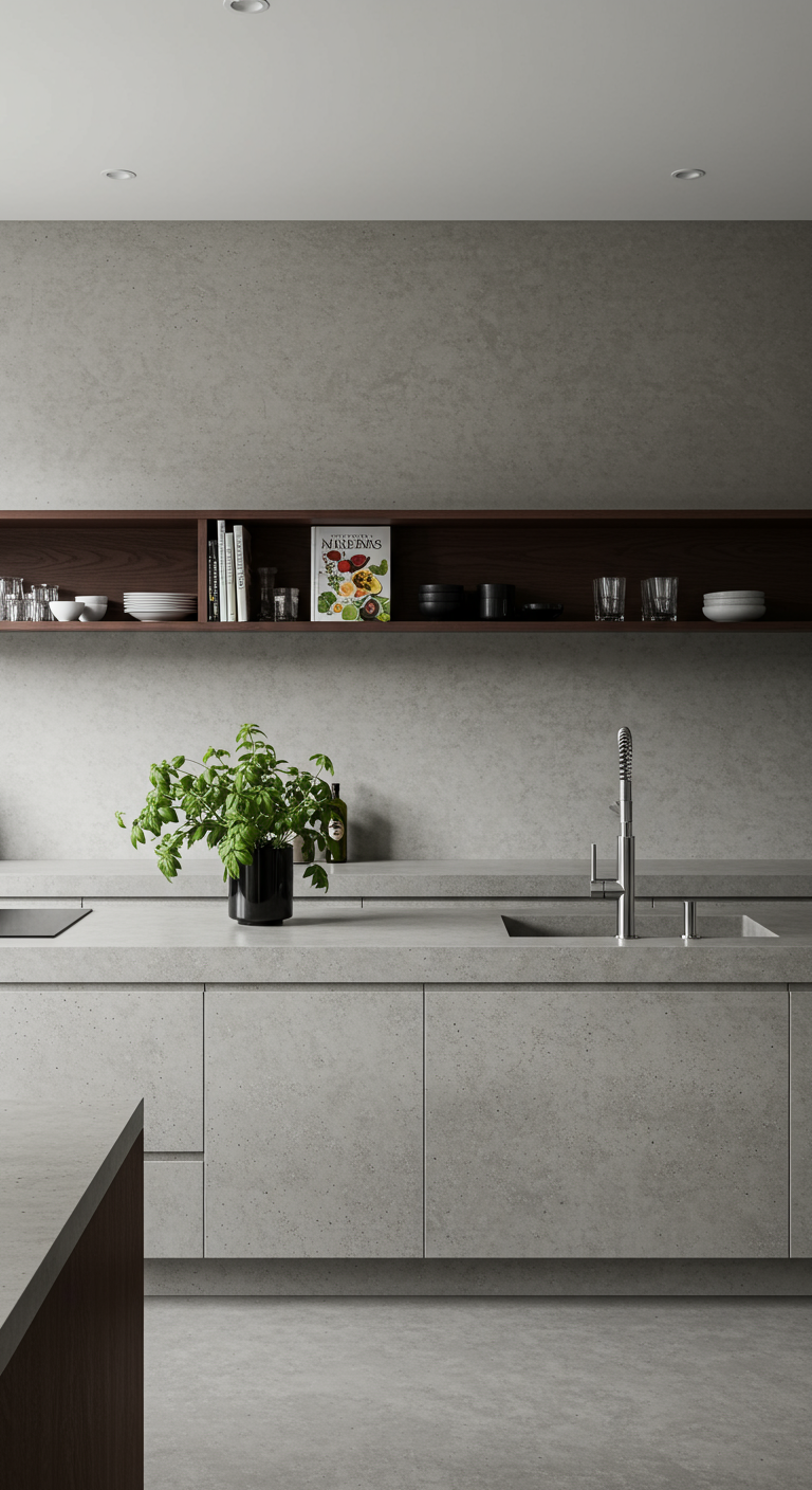 Minimalistische betonnen keuken met een open houten nis voor servies.