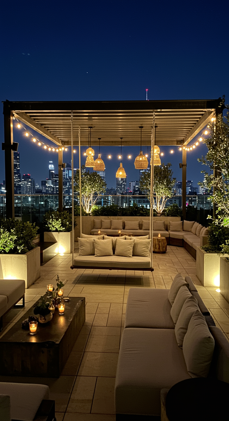 Houten schommelbank onder een pergola op een dakterras met uitzicht op de stad bij nacht.