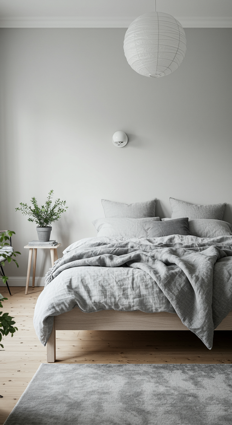 Lichtgrijze slaapkamer in Scandinavische stijl met houten vloer en minimalistische inrichting.