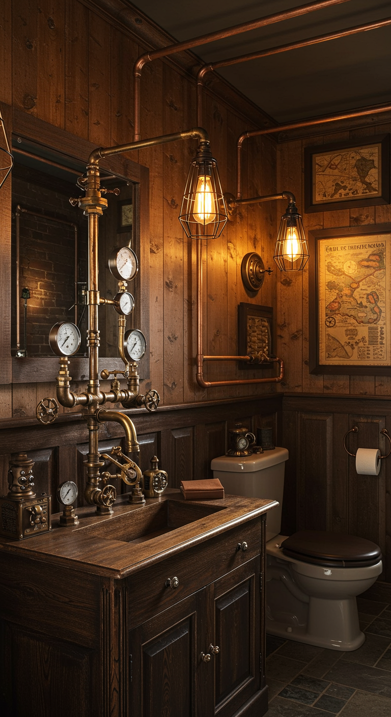 Complexe koperen steampunk kraan met meters en hendels in een donkerhouten badkamer.