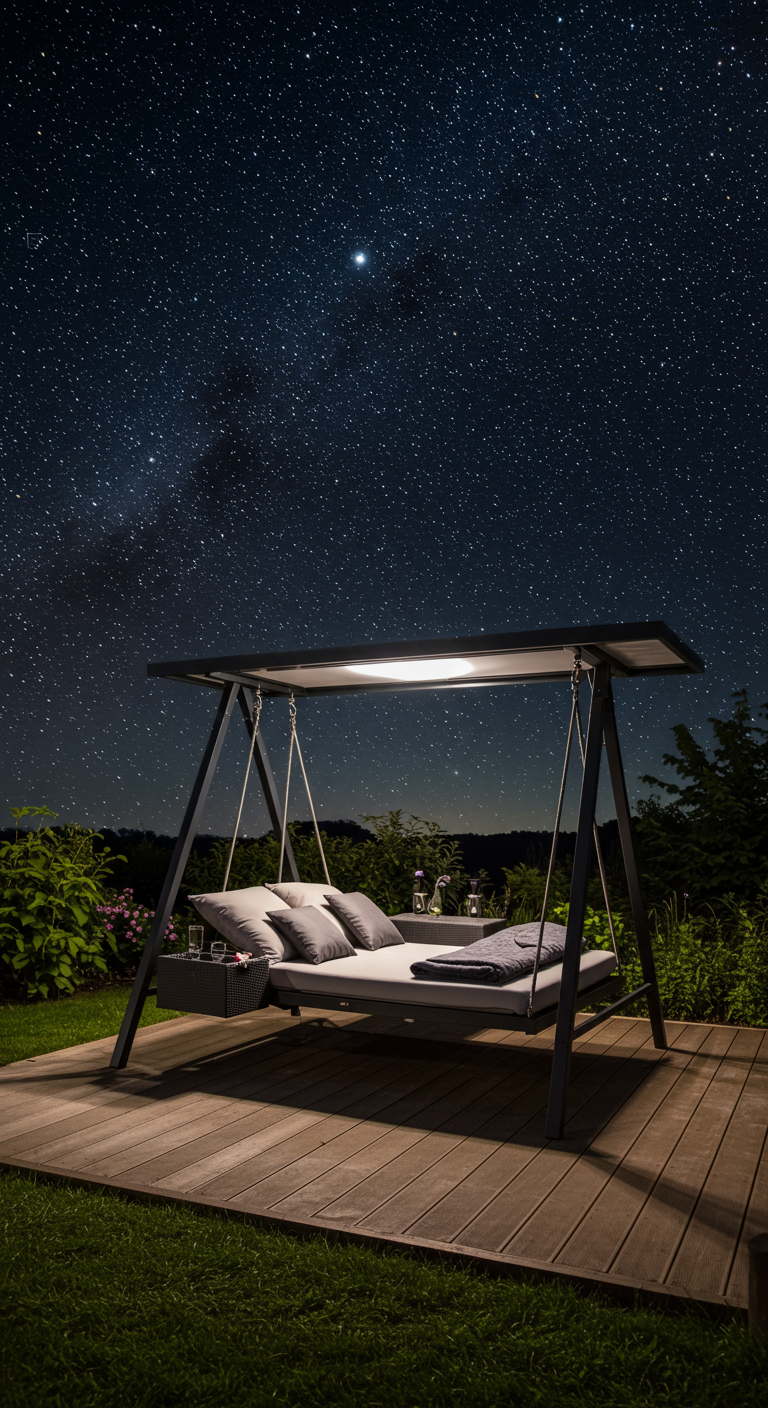 Modern metalen schommelbed met grijze kussens en ingebouwde verlichting, 's nachts onder een sterrenhemel.