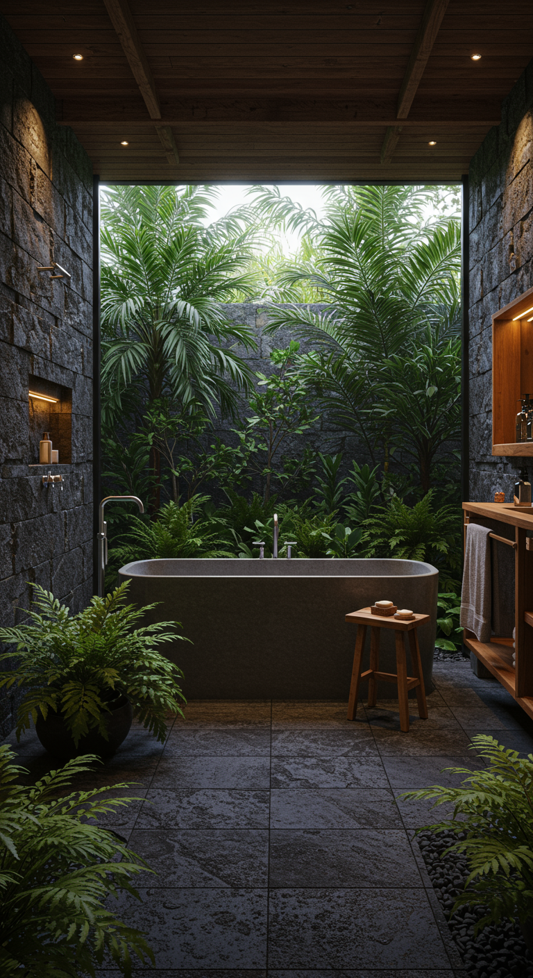Badkamer met donkere natuursteen, open dak naar een groene patio en veel planten.