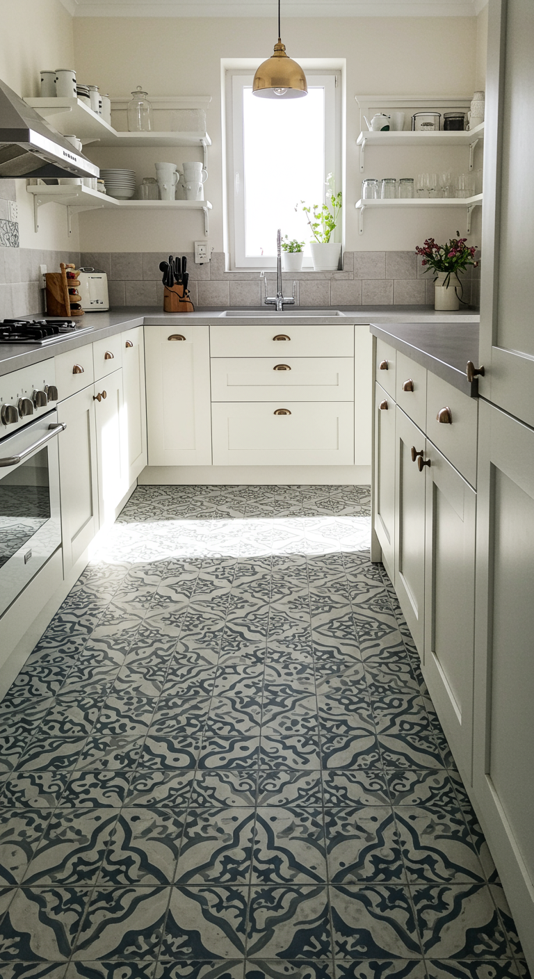 Witte U-vormige keuken met een opvallende blauw-witte patroontegelvloer.