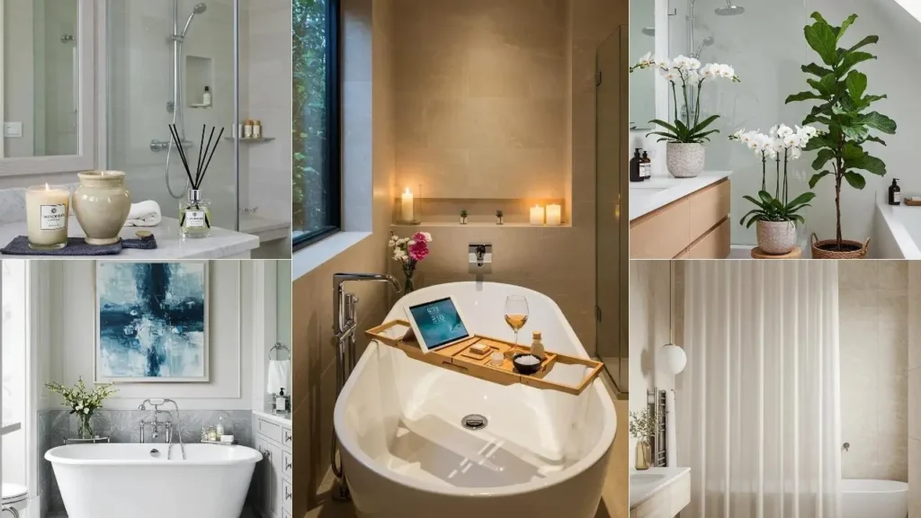 Collage van luxe badkamers met accessoires zoals kaarsen, planten en stijlvolle badplanken.